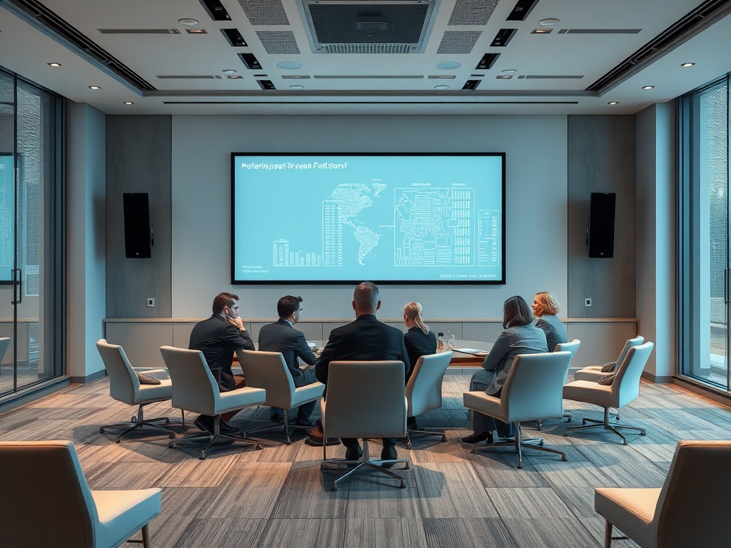 Группа людей на деловой встрече в конференц-зале с экраном на заднем плане.