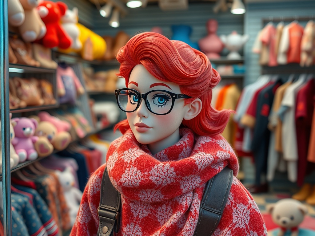 Кукла с красными волосами и очками в уютном магазине с яркой одеждой и игрушками.