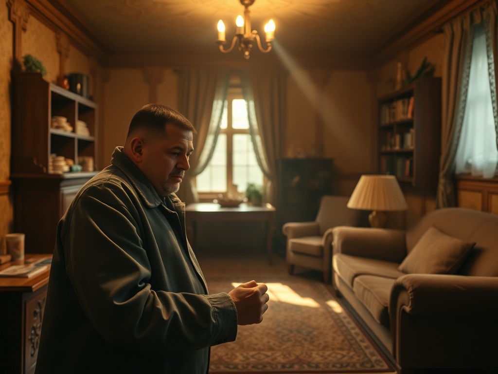 Мужчина в уютной комнате, задумчиво смотрит в сторону, освещённой мягким светом. Вокруг мебель и книги.