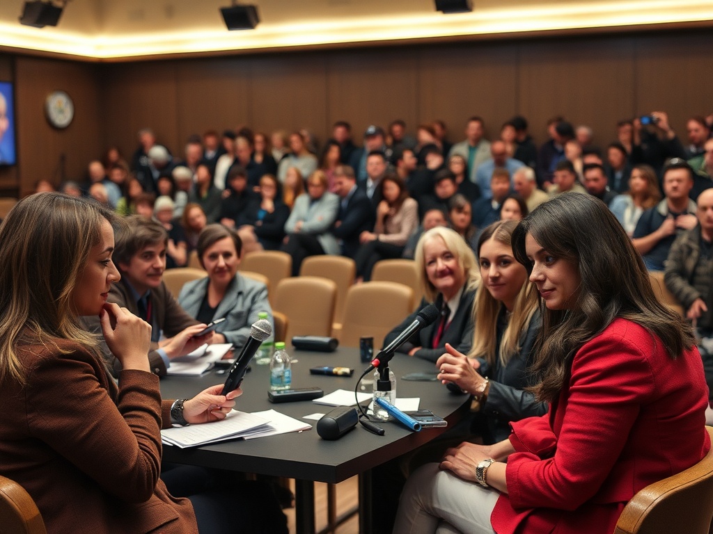 На заседании обсуждаются актуальные вопросы, участники вовлечены в диалог. В зале сидят зрители.