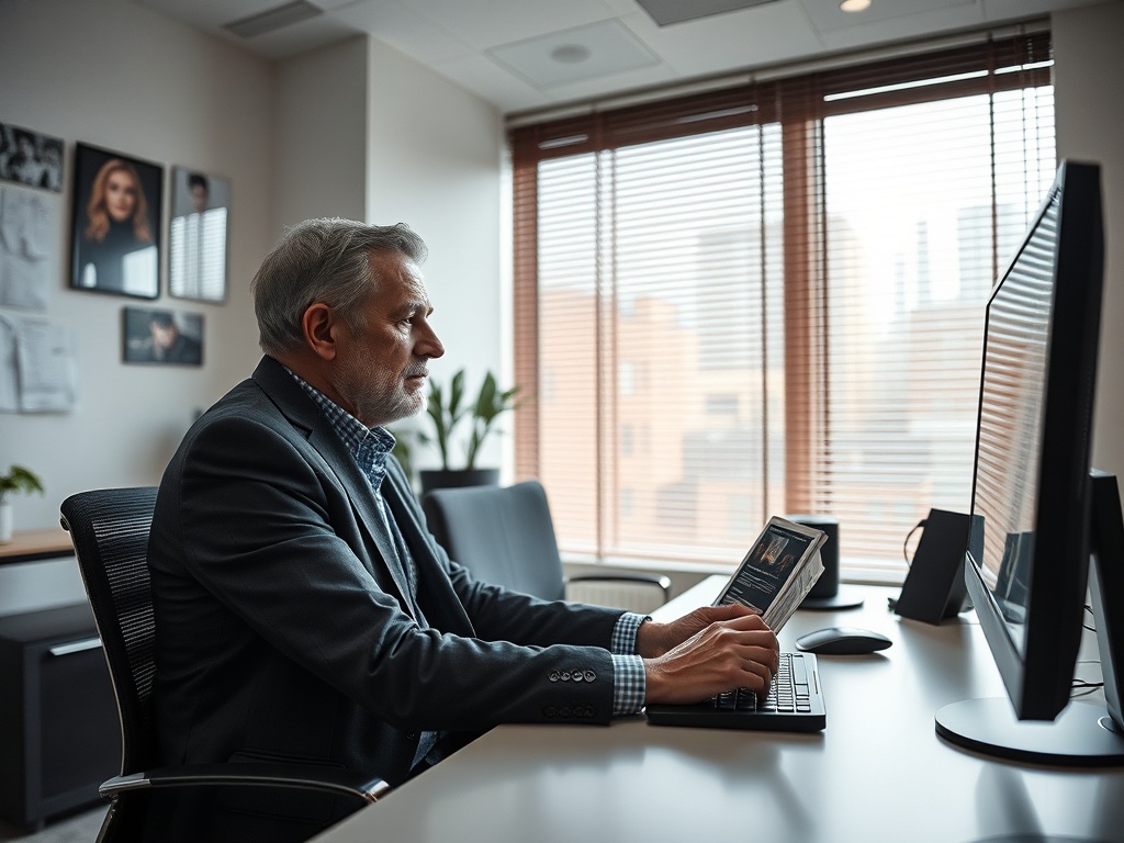 Старший мужчина в костюме сидит за столом, смотря на экран компьютера и держа планшет в руках.