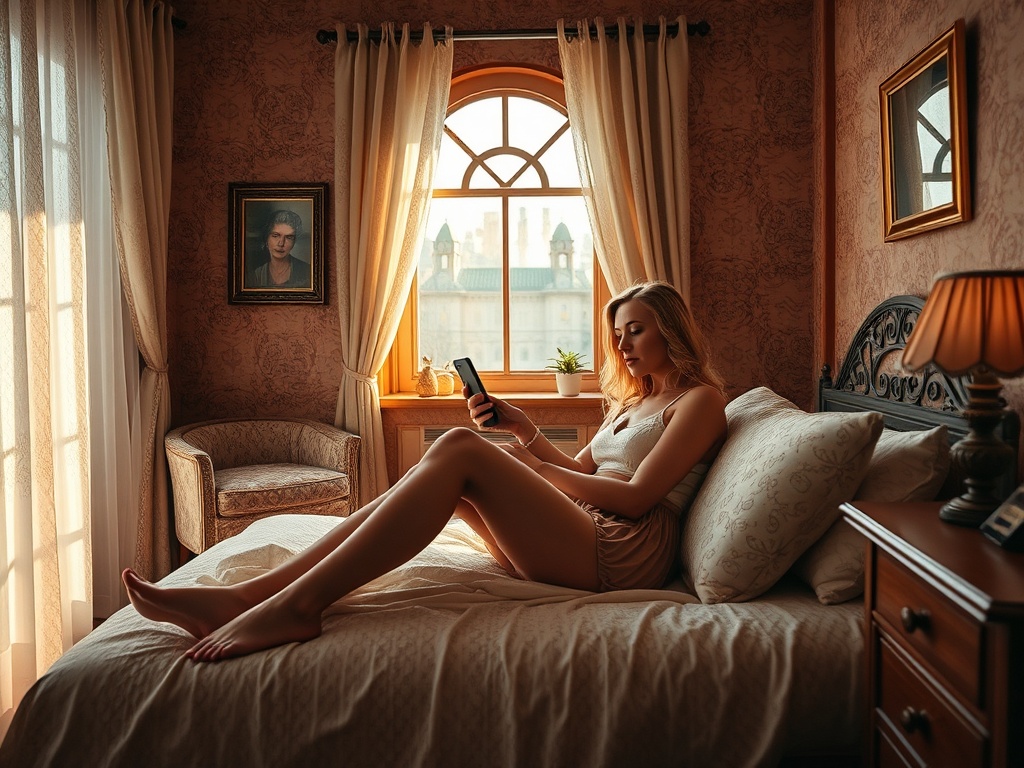 В уютной комнате девушка сидит на постели и смотрит в телефон, радуясь солнечному свету, проникающему через окно.