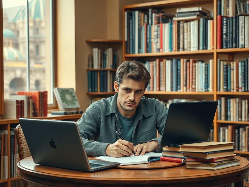 Молодой человек пишет заметки за столом, окруженным книгами и ноутбуками в библиотечном интерьере.
