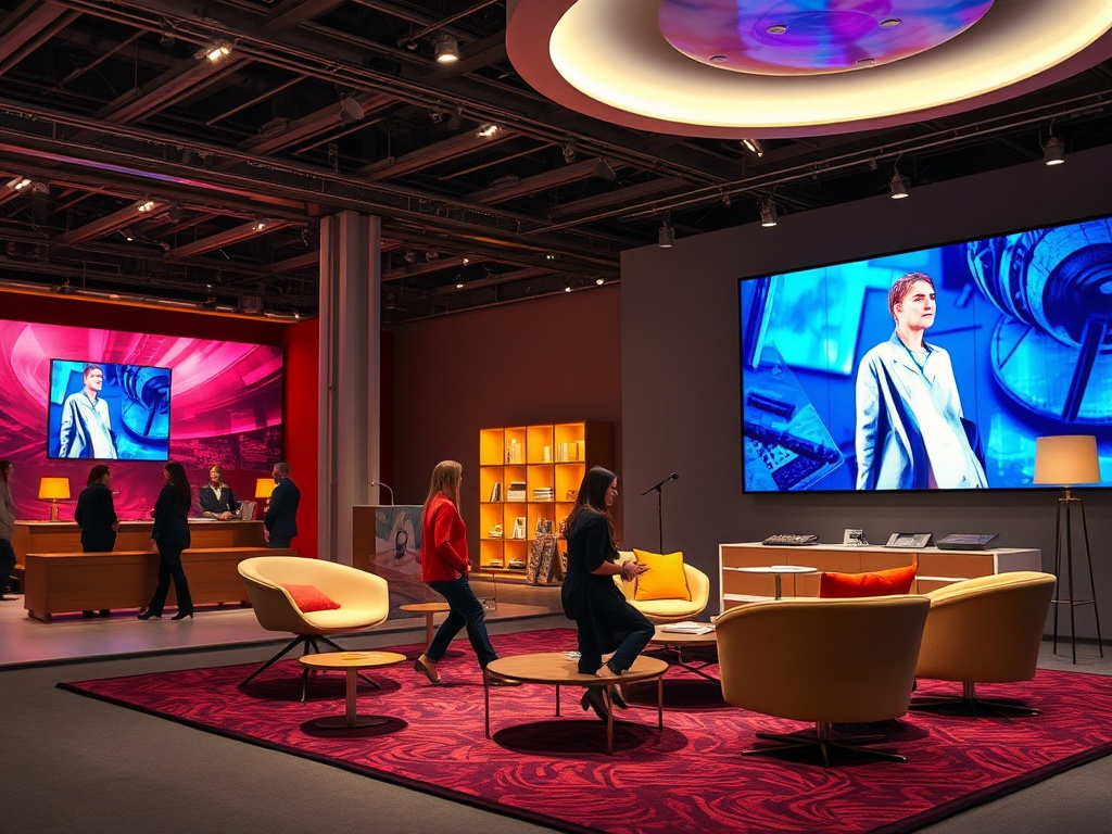 Современный интерьер, люди общаются, большая презентация на экране, уютные кресла и стильное освещение.