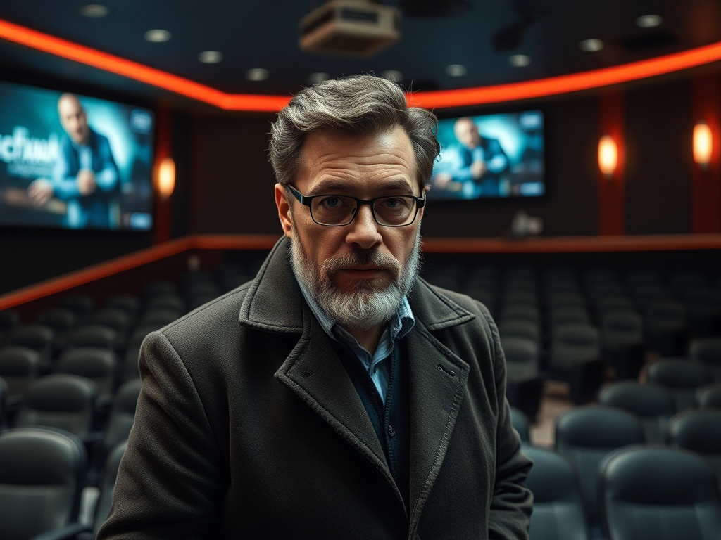 На изображении мужчина с бородой и очками стоит в зале кинотеатра с пустыми рядами кресел.