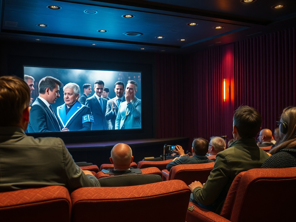 Зрители смотрят фильм в уютном кинотеатре, на экране — сцена с несколькими персонажами.