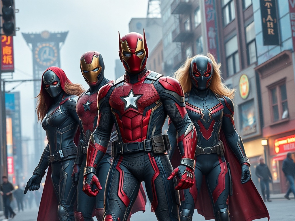 Четыре супергероя в костюмах с капюшонами стоят на городской улице, готовые к действию.