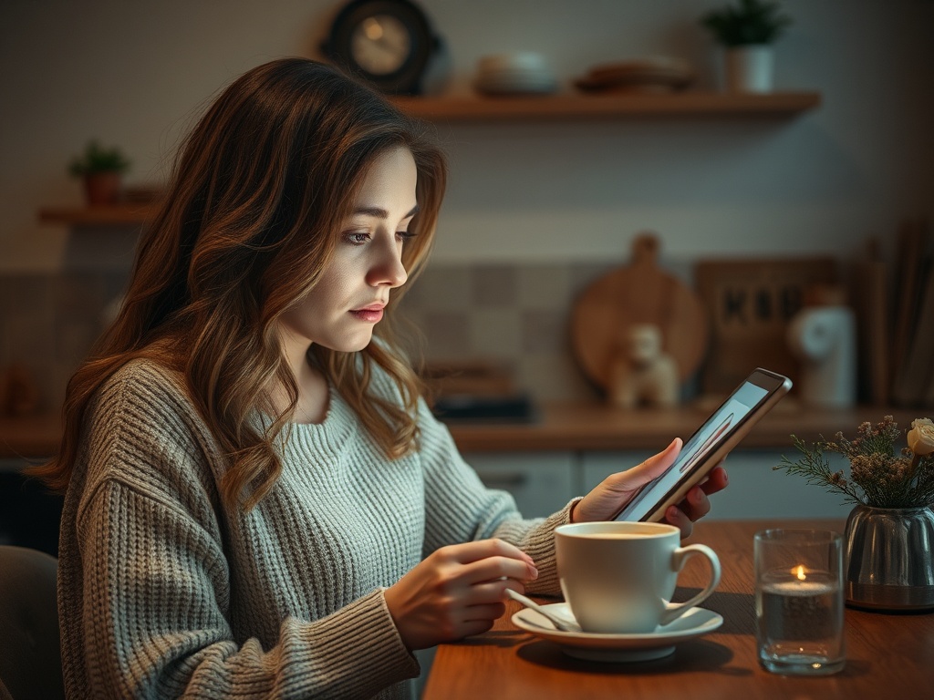 Молодая женщина сидит за столом с чашкой кофе и телефоном в уютной кухне, погруженная в экран.
