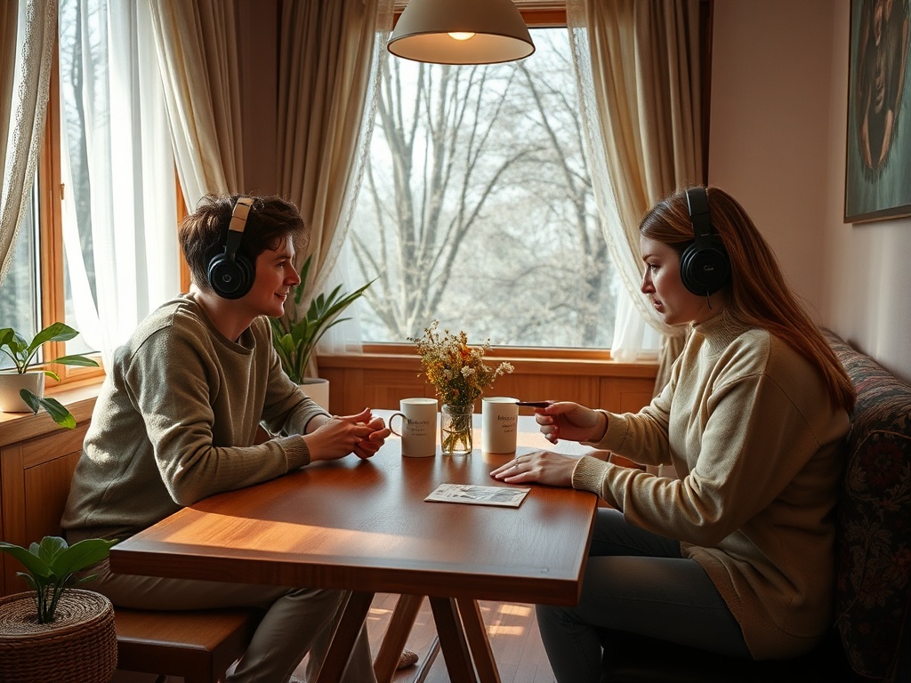Два человека в наушниках проводят время за столом с чашками и цветами в уютной комнате.