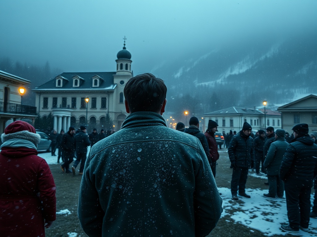 Группа людей на улице в снежный день, вокруг зданий и гор, атмосфера зимнего вечера.