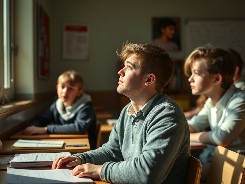 Ученики сидят за партами в классе, сосредоточенно смотрят в окно, погруженные в мысли.