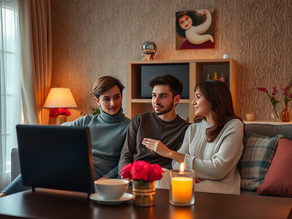 Трое людей сидят на диване, смотрят на экран ноутбука и общаются в уютной обстановке. 