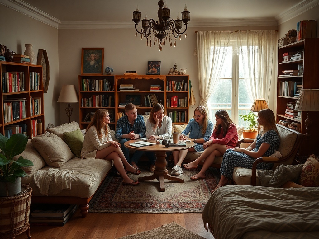 Группа людей сидит за круглым столом в уютной комнате, обсуждая и делясь идеями. Книги на полках.