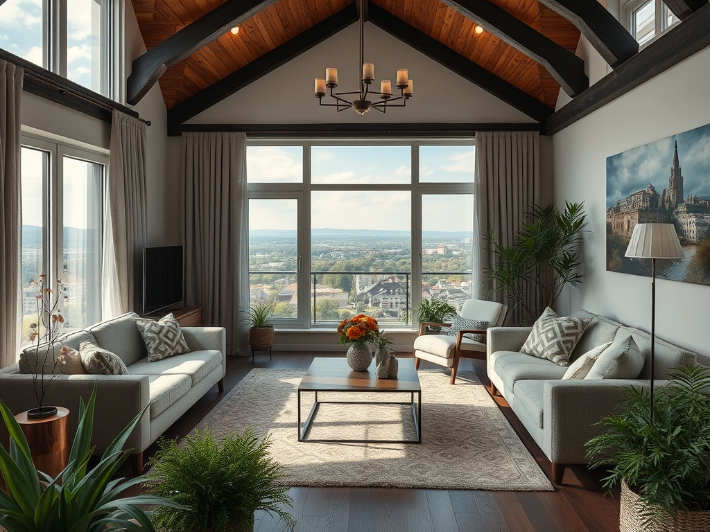 Современный светлый интерьер гостиной с большими окнами и видом на город. Зеленые растения и уютная мебель.