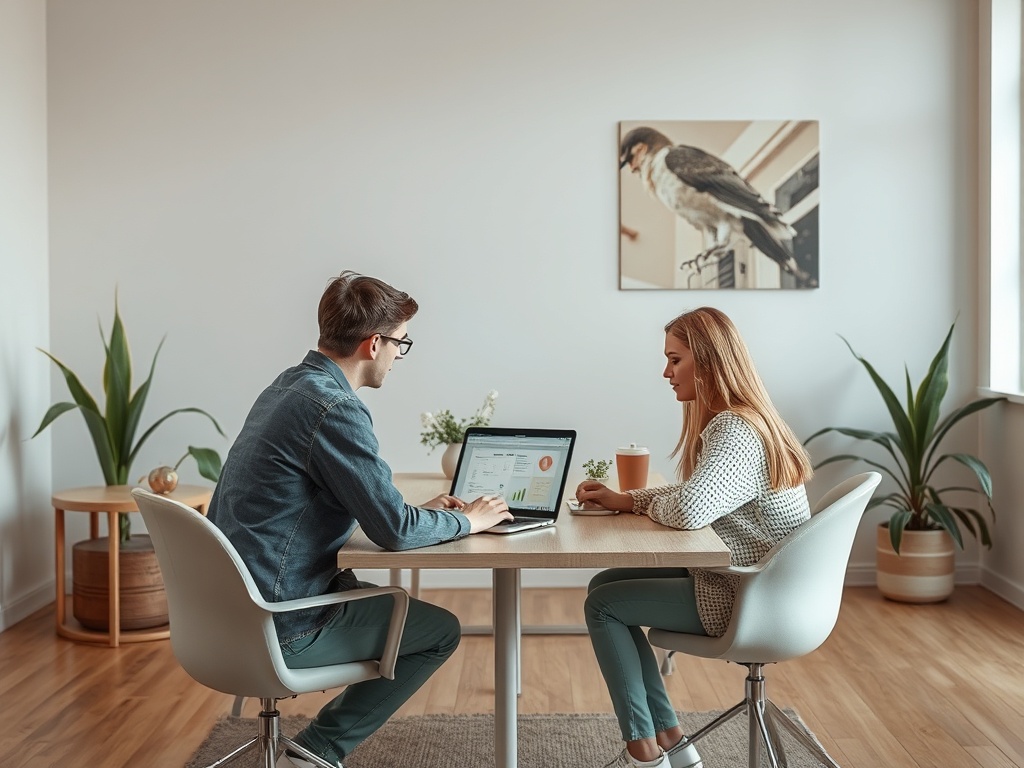 Два человека сидят за столом, обсуждая данные на ноутбуке в светлом помещении с растениями.