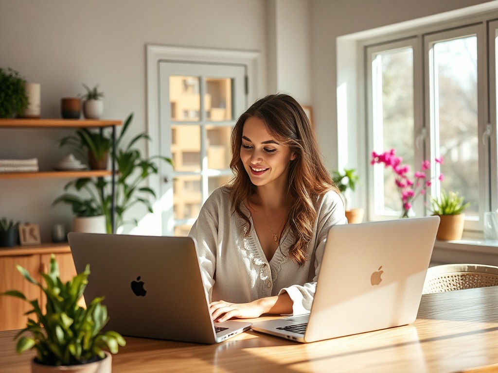 На столе сидит девушка с двумя ноутбуками, работает в светлом офисе с растениями и цветами.