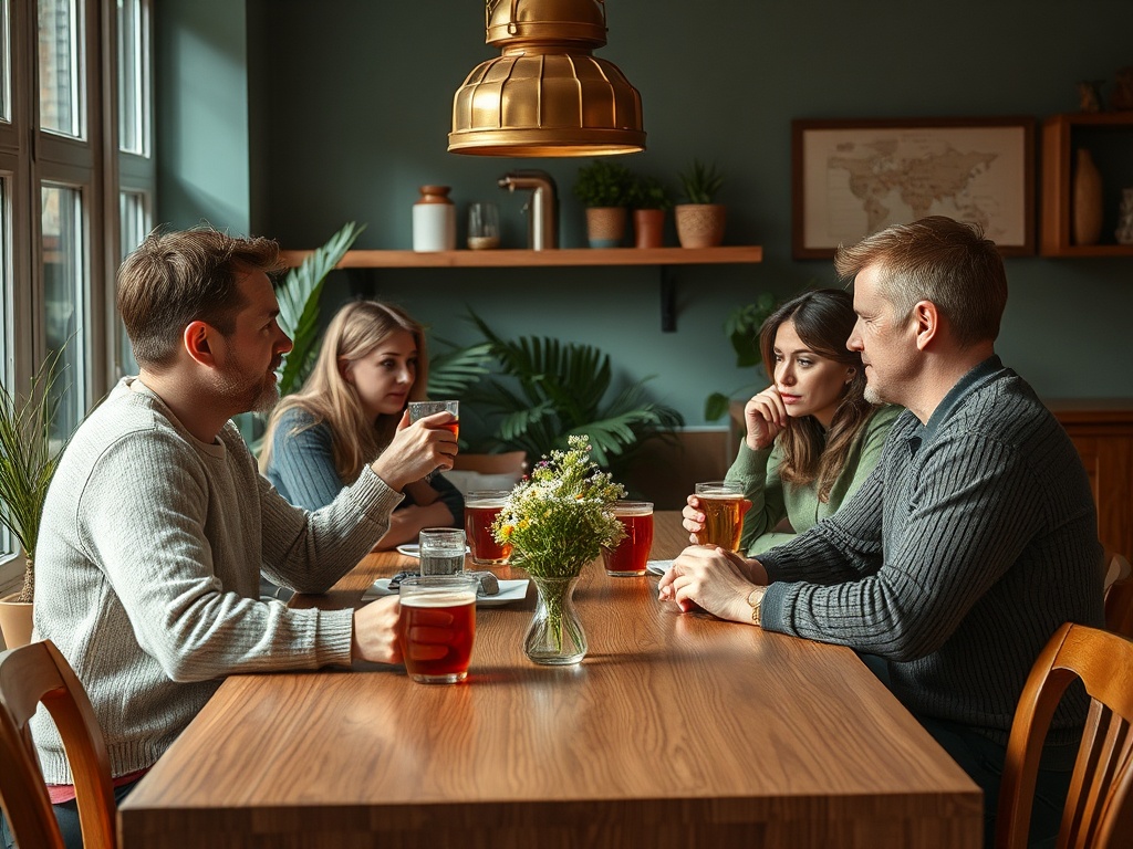 Четыре человека сидят за столом в кафе, общаются и пьют напитки, окруженные зелеными растениями.