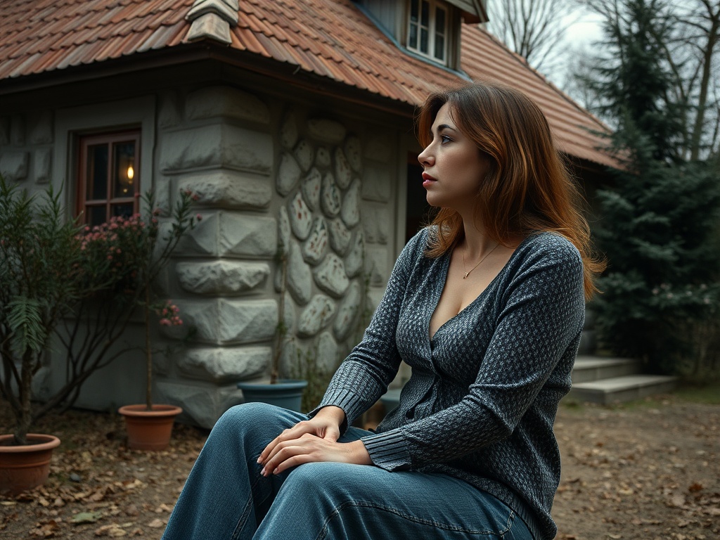 На изображении девушка в сером свитере сидит у стены дома с каменной отделкой, сосредоточенная на чем-то.