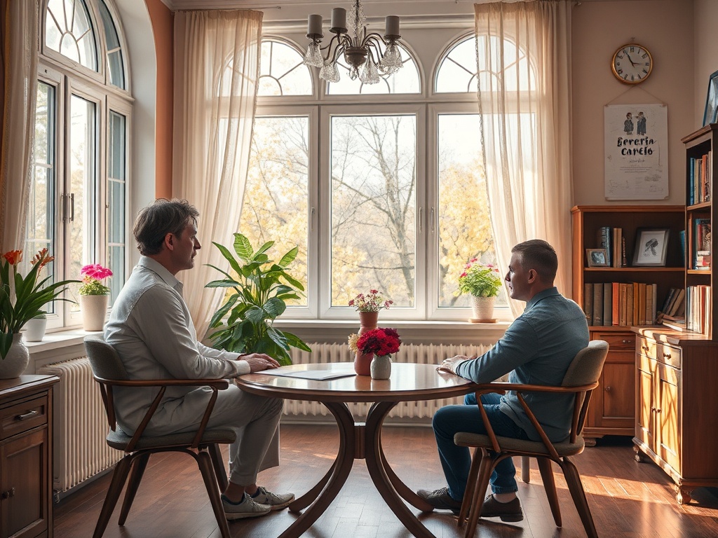 Два человека сидят за столом в уютной комнате с большими окнами и растениями, беседуя друг с другом.