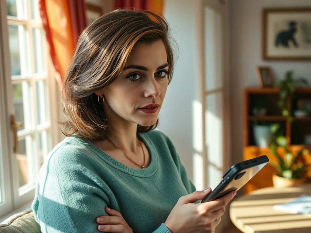 На фото женщина с короткими волосами в свитере, смотрит на телефон, сидя в светлой комнате.