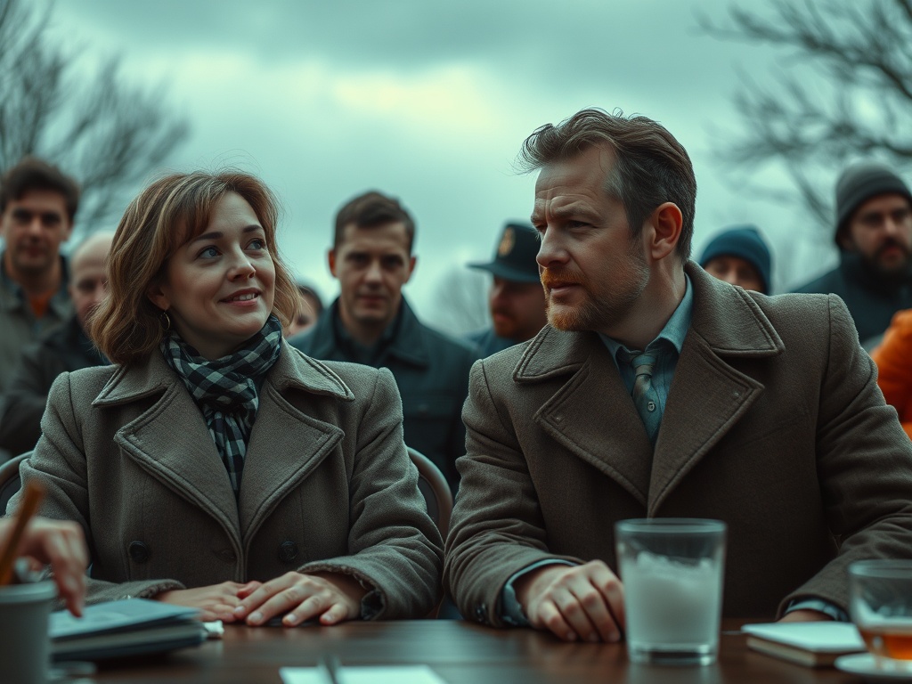 На переднем плане сидят женщина и мужчина в пальто, за ними толпа зрителей на фоне серого неба.