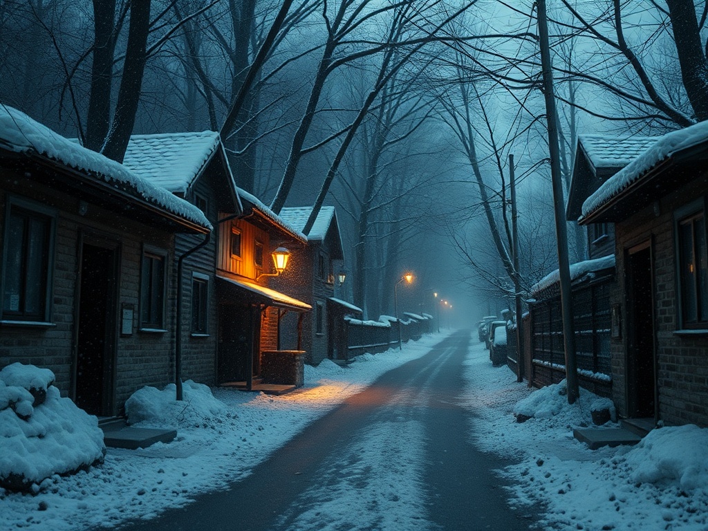 Темная зимняя улица с домами, покрытыми снегом, и уютными фонарями в туманной атмосфере.