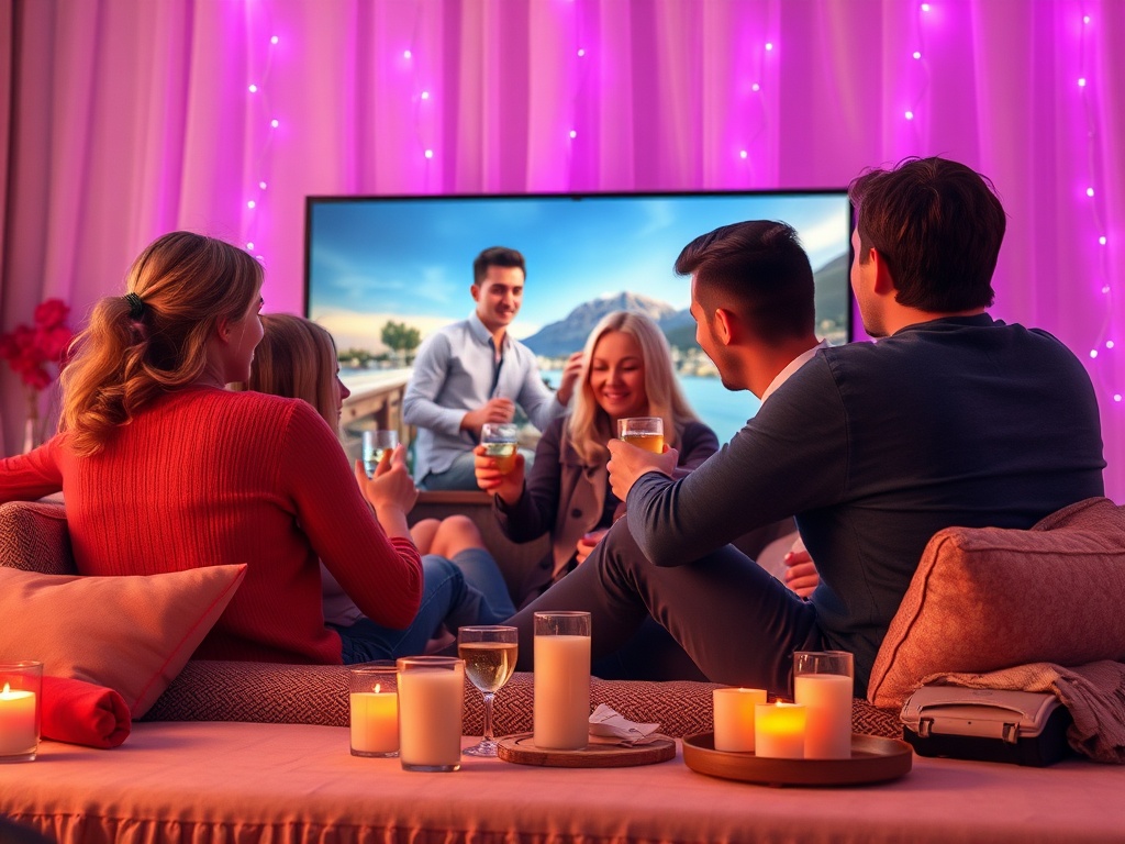 Компания друзей наслаждается вечерним просмотром фильма с напитками и свечами в уютном помещении.