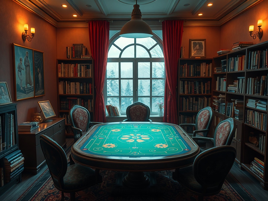 Уютная комната с библиотекой и игорным столом, за окном виден зимний пейзаж.