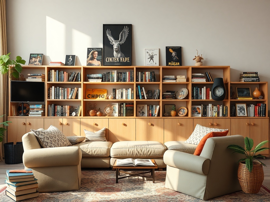 Современная гостиная с книжными полками, уютной мебелью и растениями. Стены украшены постерами и картинами.