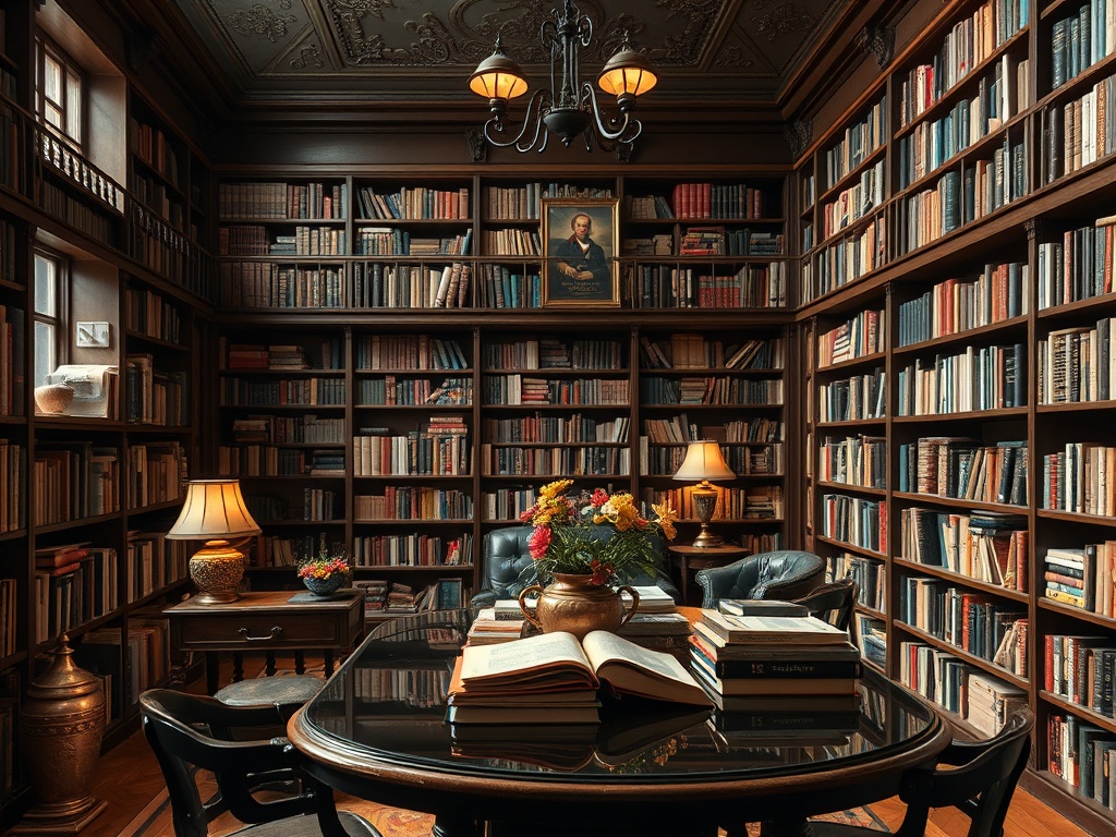 Уютная библиотека с деревянными полками, книгами, столом, цветами и старинной люстрой. Атмосфера спокойствия.