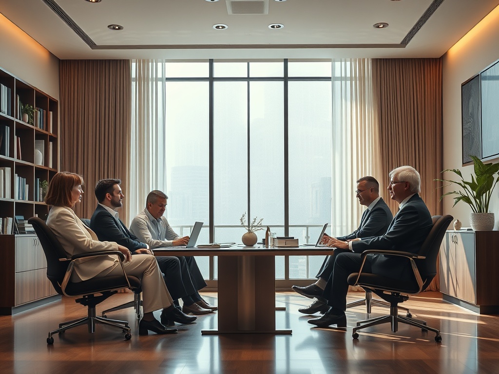 На совещании в офисе сидят мужчины и женщины, обсуждая важные вопросы у стола с большим окном.