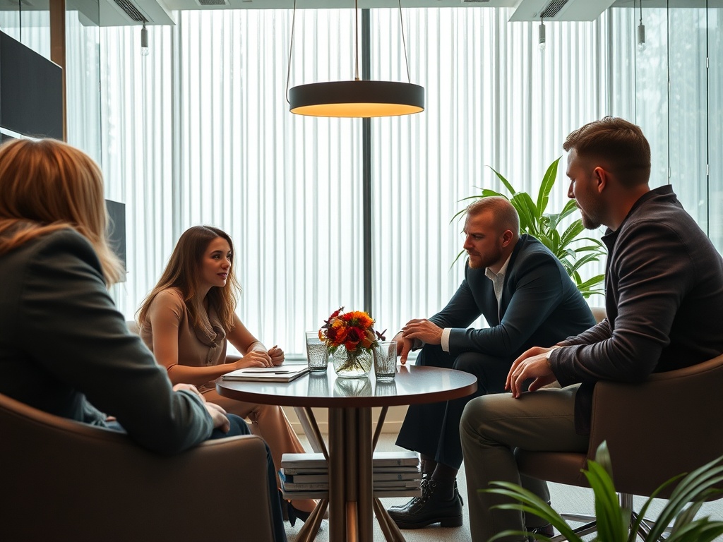Группа людей обсуждает важный вопрос в современном офисе, окружённая зеленью и ярким светом.