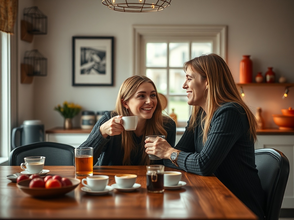 Две девушки наслаждаются кофе и общением за столом в уютном интерьере кухни.
