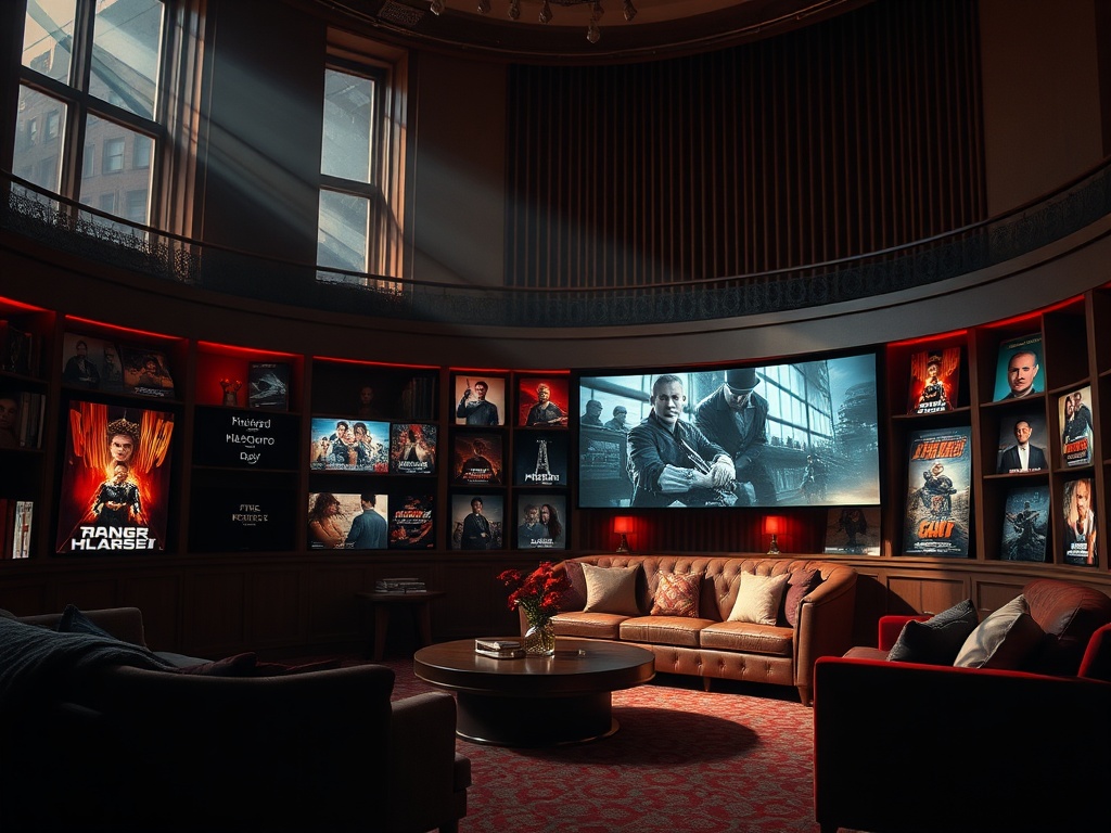 Современное помещение с диваном, круглым столом и стеной, украшенной постерами фильмов и крупным экраном.