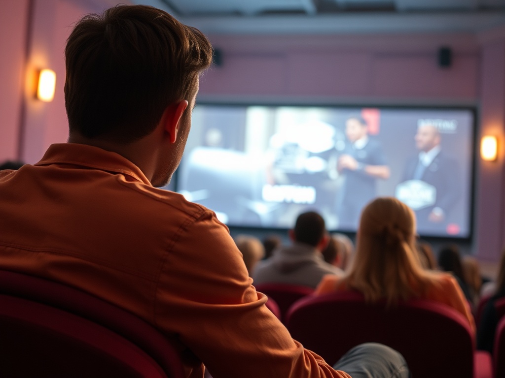 Человек в кинотеатре смотрит на экран, где проходят события с участниками. Зал заполнен зрителями.