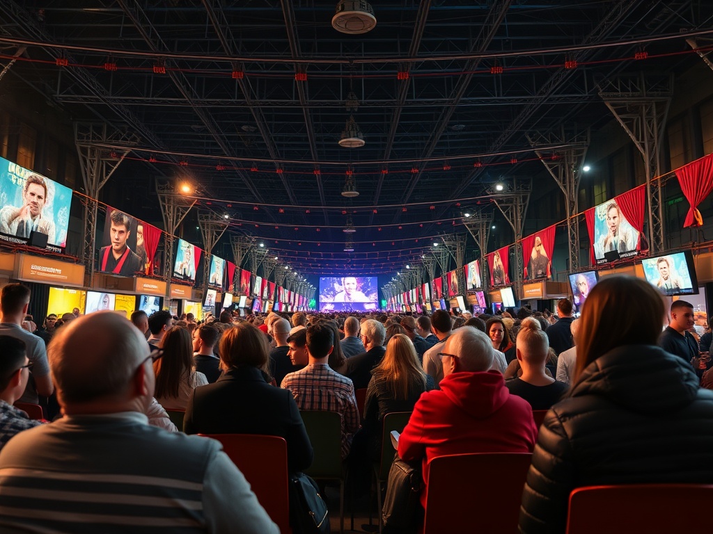 Сцена с множеством людей, которые смотрят экран с выступлением на фоне телевизоров и декораций.
