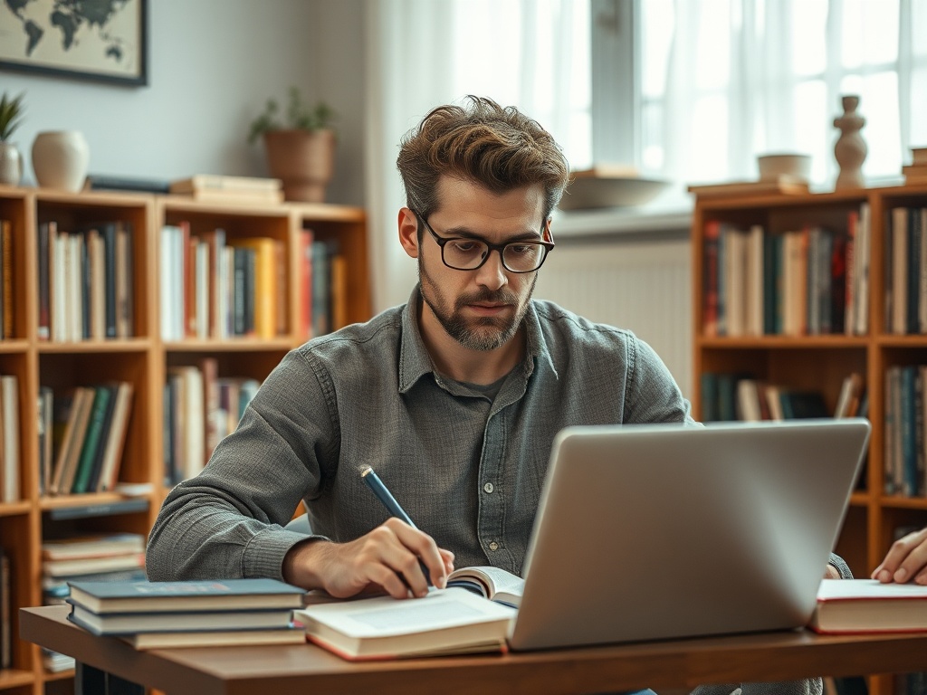 Молодой человек с книгами и ноутбуком изучает материал и делает записи в своем кабинете.