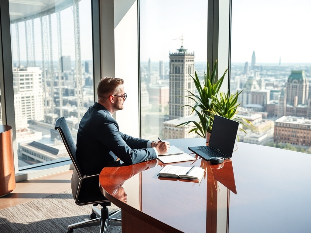 Деловой человек сидит за столом в офисе, глядя на город через окно. На столе ноутбук и блокнот.