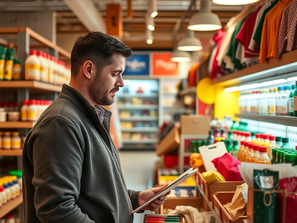 Мужчина в магазине изучает список товаров среди полок с бутылками и одеждой.