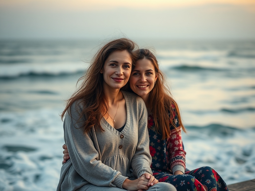Две подруги сидят у моря, улыбаются и наслаждаются моментом на фоне волн и заката.