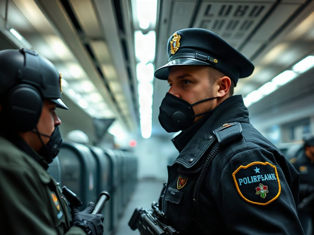 Два полицейских в униформе на фоне метро, готовые к действию, в защитных масках.